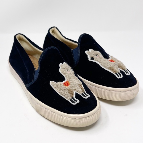 Soludos Shoes - Soludos Navy Blue Velvet Llama Embroidered Slip-On Sneakers